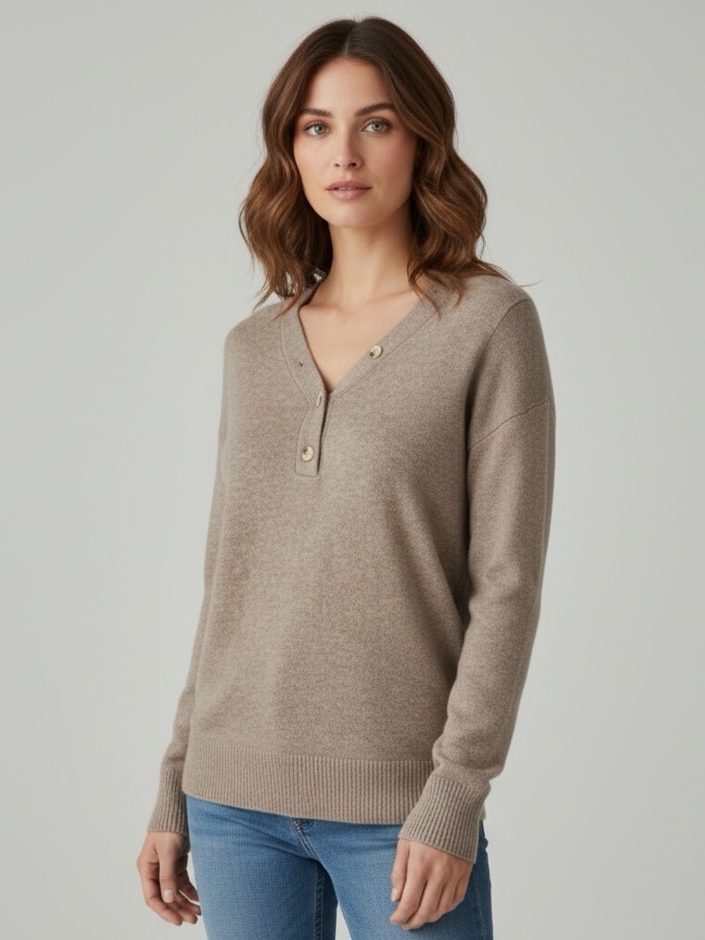 Oat New York Taupe V-Neck Button-Placket Sweater